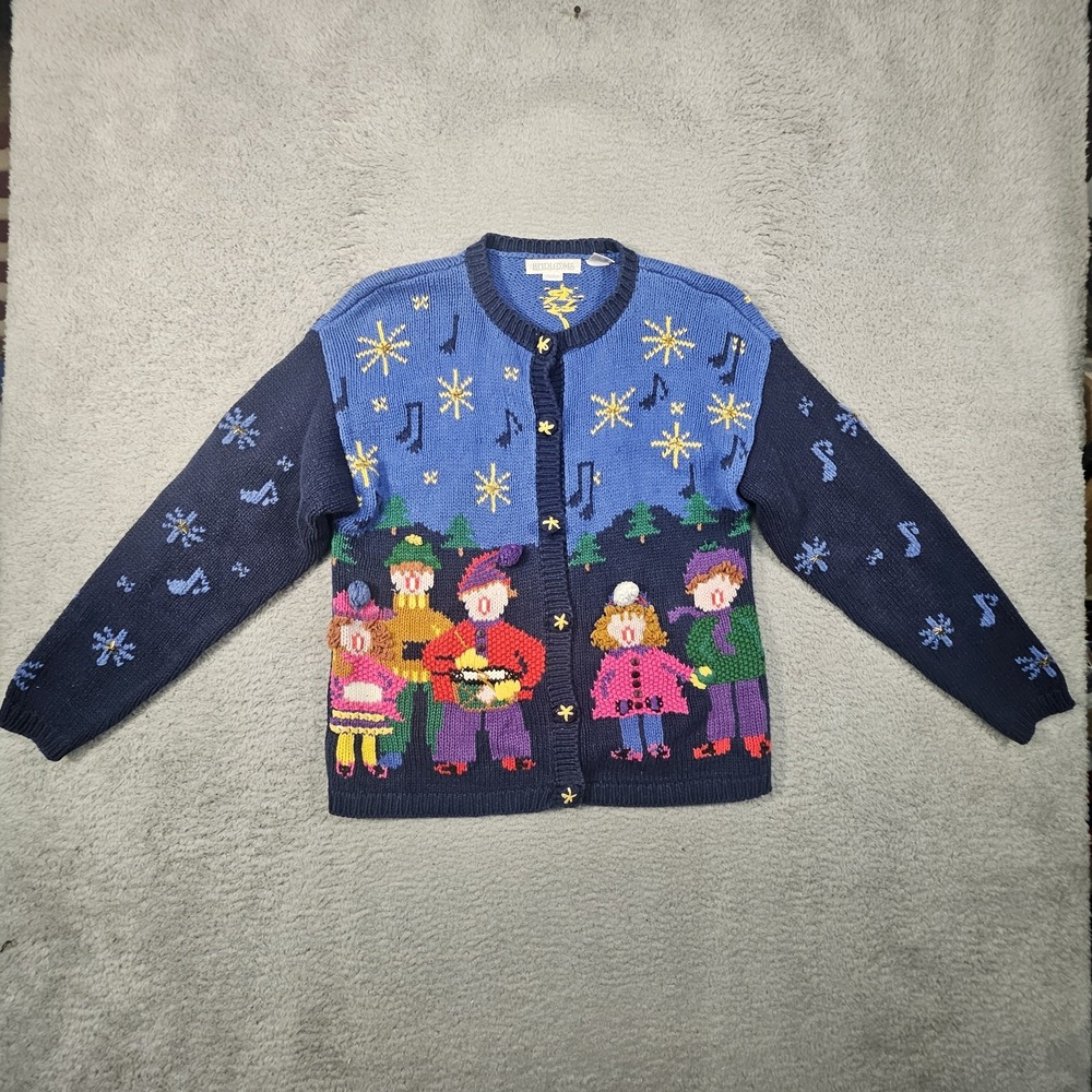 Vtg Heirlooms Christmas Carolers Cardigan Women M Embroidered Bead Artsy Festive